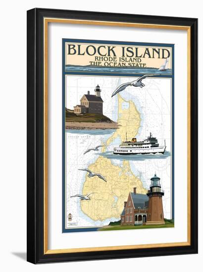 Block Island, Rhode Island - Nautical Chart with Ferry-Lantern Press-Framed Art Print