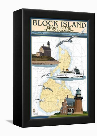 Block Island, Rhode Island - Nautical Chart with Ferry-Lantern Press-Framed Stretched Canvas