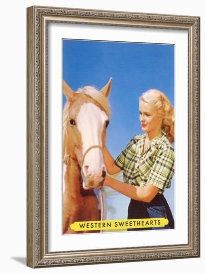 Blonde Cowgirl with Palomino-null-Framed Art Print