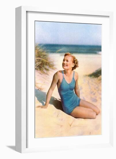 Blonde in Blue One-Piece in Dunes-null-Framed Art Print
