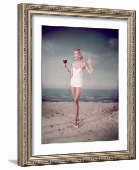 Blonde Pin-Up on Beach-Charles Woof-Framed Photographic Print