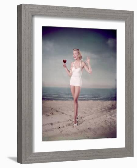 Blonde Pin-Up on Beach-Charles Woof-Framed Photographic Print