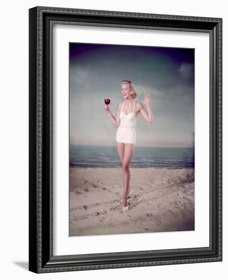 Blonde Pin-Up on Beach-Charles Woof-Framed Photographic Print