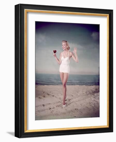 Blonde Pin-Up on Beach-Charles Woof-Framed Photographic Print