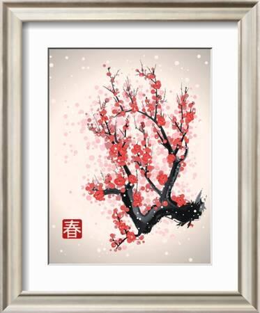 Blooming Flowers on the Tree Branch. Vector Image in Japanese Style.  (Character Means Spring )' Art Print - Yevhen Tarnavskyi