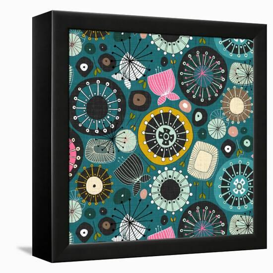 Blooms Teal Sq-Sharon Turner-Framed Stretched Canvas