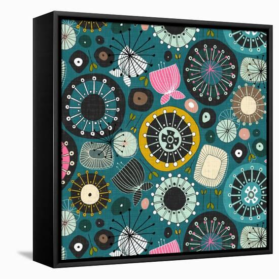 Blooms Teal Sq-Sharon Turner-Framed Stretched Canvas