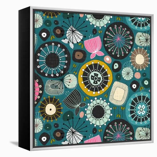 Blooms Teal Sq-Sharon Turner-Framed Stretched Canvas