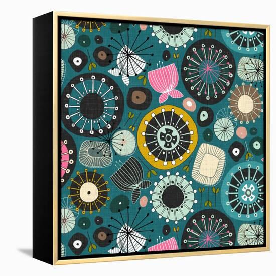 Blooms Teal Sq-Sharon Turner-Framed Stretched Canvas