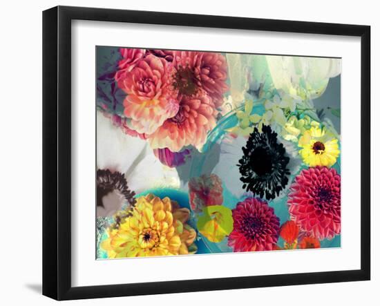 Blossoms in Blue Water as Table Decoration with Glass and Textiles-Alaya Gadeh-Framed Photographic Print