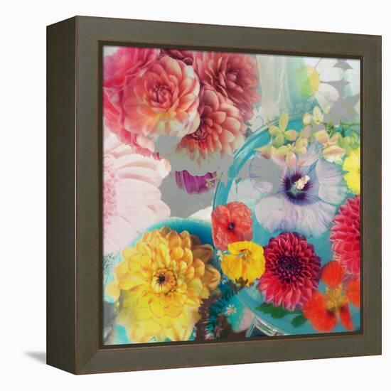 Blossoms in Blue Water as Table Decoration with Glass and Textiles-Alaya Gadeh-Framed Premier Image Canvas