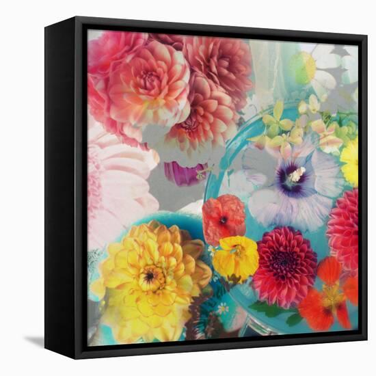 Blossoms in Blue Water as Table Decoration with Glass and Textiles-Alaya Gadeh-Framed Premier Image Canvas