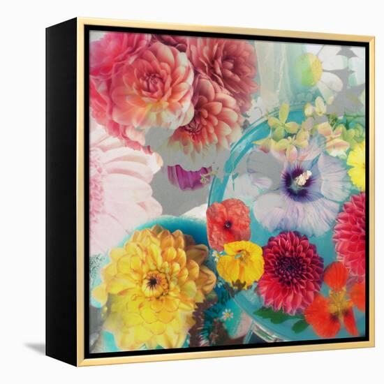 Blossoms in Blue Water as Table Decoration with Glass and Textiles-Alaya Gadeh-Framed Premier Image Canvas