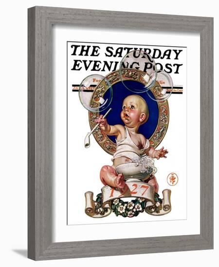 "Blowing Bubbles," Saturday Evening Post Cover, January 1, 1927-Joseph Christian Leyendecker-Framed Giclee Print