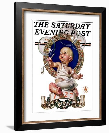"Blowing Bubbles," Saturday Evening Post Cover, January 1, 1927-Joseph Christian Leyendecker-Framed Giclee Print
