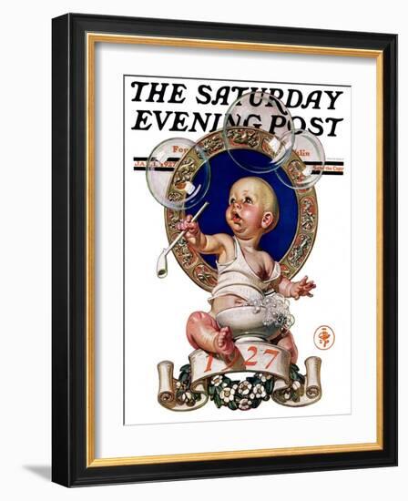 "Blowing Bubbles," Saturday Evening Post Cover, January 1, 1927-Joseph Christian Leyendecker-Framed Giclee Print