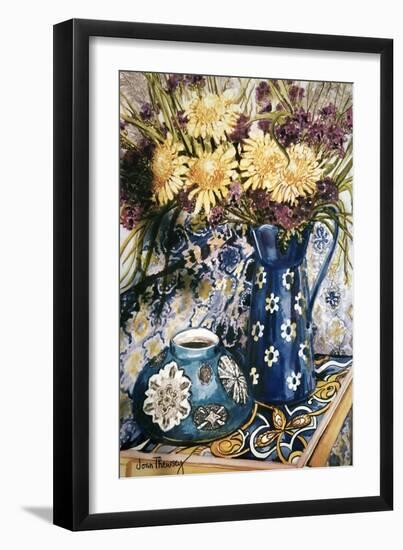 Blue Against Blue - Chrysanthemums and Blue Enamel Jug on an Italian Tile-Joan Thewsey-Framed Giclee Print