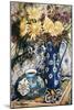 Blue Against Blue - Chrysanthemums and Blue Enamel Jug on an Italian Tile-Joan Thewsey-Mounted Giclee Print