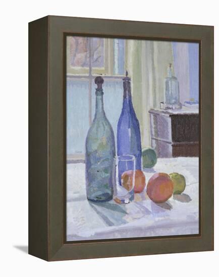 Blue and Green Bottles and Oranges-Spencer Frederick Gore-Framed Premier Image Canvas