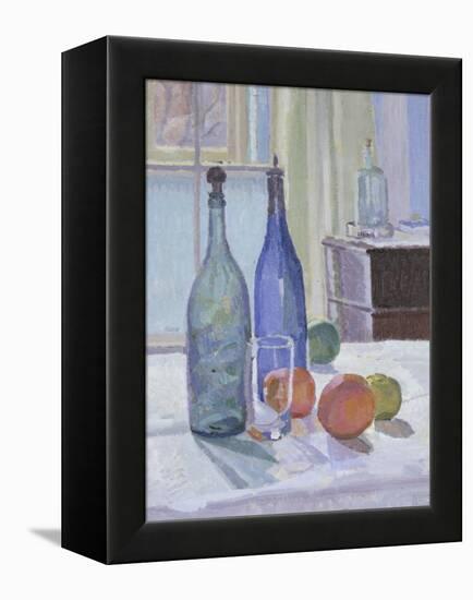 Blue and Green Bottles and Oranges-Spencer Frederick Gore-Framed Premier Image Canvas