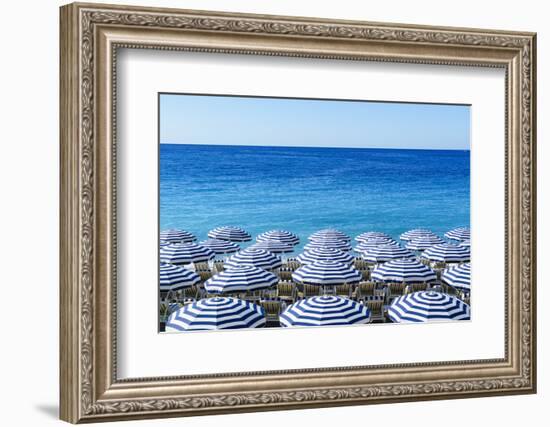 Blue and white beach parasols, Nice, Alpes Maritimes, Cote d'Azur, Provence, France, Mediterranean,-Fraser Hall-Framed Photographic Print