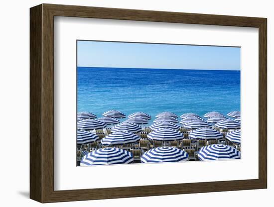 Blue and white beach parasols, Nice, Alpes Maritimes, Cote d'Azur, Provence, France, Mediterranean,-Fraser Hall-Framed Photographic Print