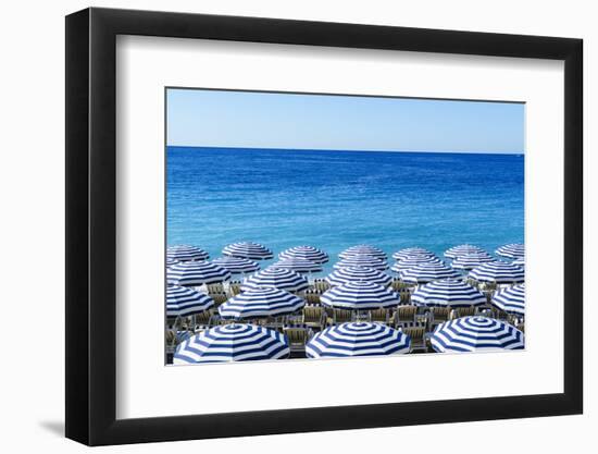 Blue and white beach parasols, Nice, Alpes Maritimes, Cote d'Azur, Provence, France, Mediterranean,-Fraser Hall-Framed Photographic Print