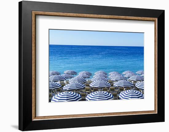 Blue and white beach parasols, Nice, Alpes Maritimes, Cote d'Azur, Provence, France, Mediterranean,-Fraser Hall-Framed Photographic Print