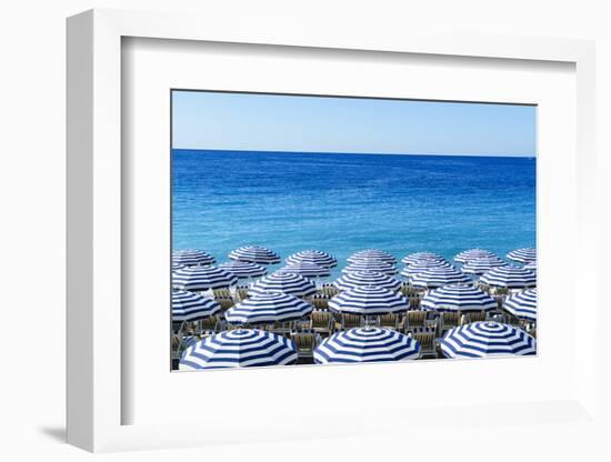 Blue and white beach parasols, Nice, Alpes Maritimes, Cote d'Azur, Provence, France, Mediterranean,-Fraser Hall-Framed Photographic Print