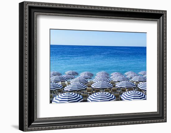 Blue and white beach parasols, Nice, Alpes Maritimes, Cote d'Azur, Provence, France, Mediterranean,-Fraser Hall-Framed Photographic Print