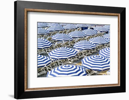 Blue and white beach parasols, Nice, Alpes Maritimes, Cote d'Azur, Provence, France, Mediterranean,-Fraser Hall-Framed Photographic Print