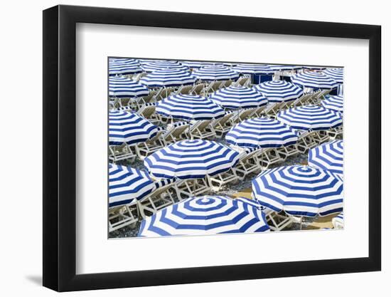 Blue and white beach parasols, Nice, Alpes Maritimes, Cote d'Azur, Provence, France, Mediterranean,-Fraser Hall-Framed Photographic Print