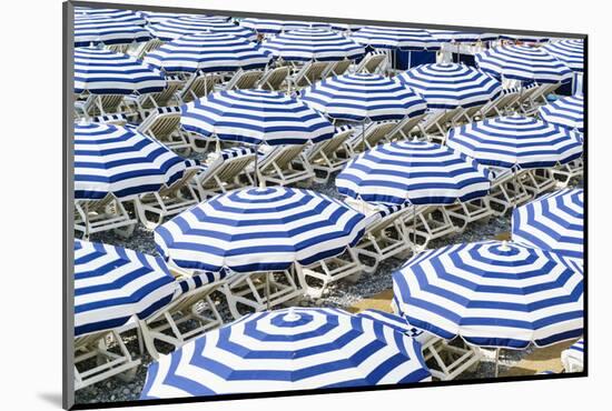 Blue and white beach parasols, Nice, Alpes Maritimes, Cote d'Azur, Provence, France, Mediterranean,-Fraser Hall-Mounted Photographic Print