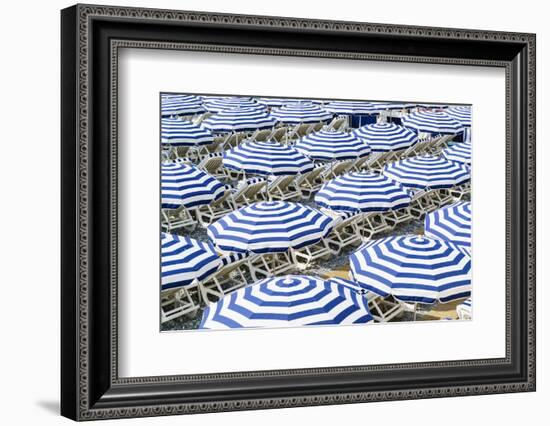 Blue and white beach parasols, Nice, Alpes Maritimes, Cote d'Azur, Provence, France, Mediterranean,-Fraser Hall-Framed Photographic Print