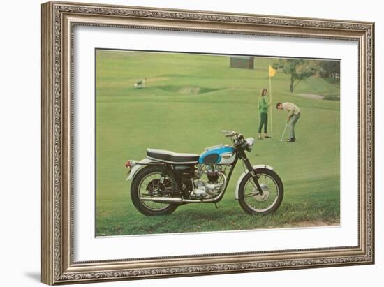 Blue and White Motorcycle at the Golf Course-null-Framed Art Print