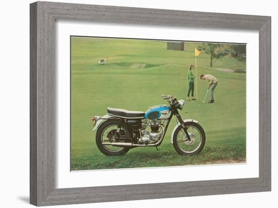 Blue and White Motorcycle at the Golf Course-null-Framed Art Print