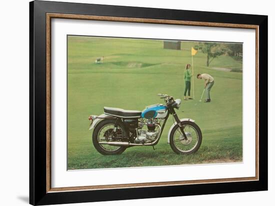 Blue and White Motorcycle at the Golf Course-null-Framed Art Print