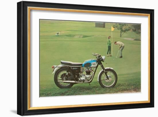 Blue and White Motorcycle at the Golf Course-null-Framed Art Print