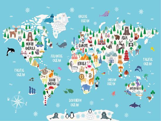Blue Animal World Map Giclee Print Elena David Art Com Blue Animal World Map Giclee Print Elena David Art Com
