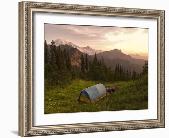 Blue backpacking tent in the Tatoosh Wilderness, Washington State, USA-Janis Miglavs-Framed Photographic Print