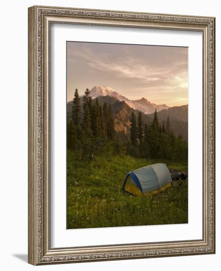 Blue backpacking tent in the Tatoosh Wilderness, Washington State, USA-Janis Miglavs-Framed Photographic Print