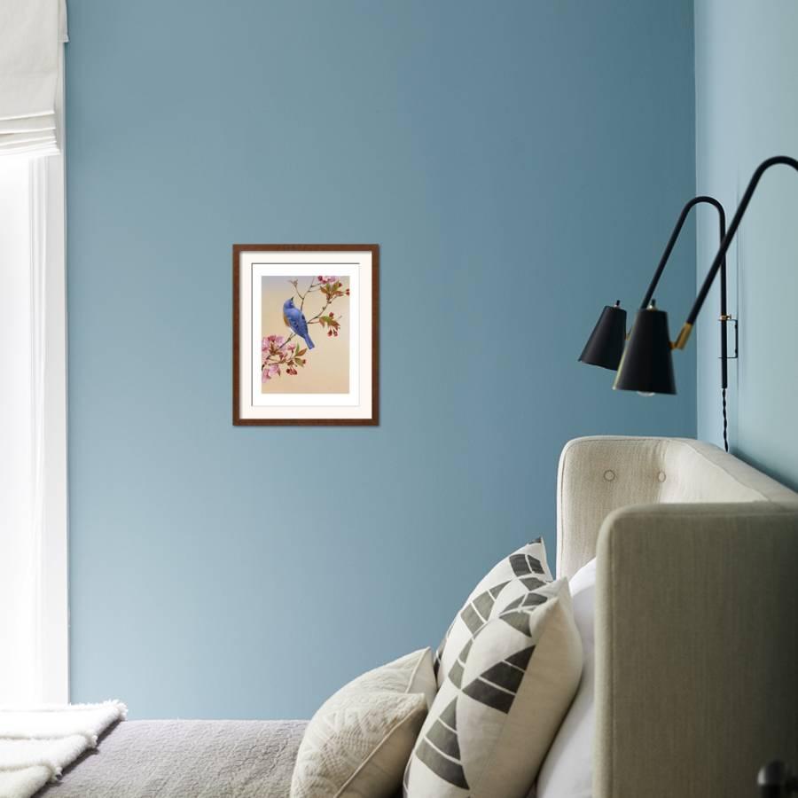 Blue Bird On Cherry Blossom Branch Framed Art Print By Com