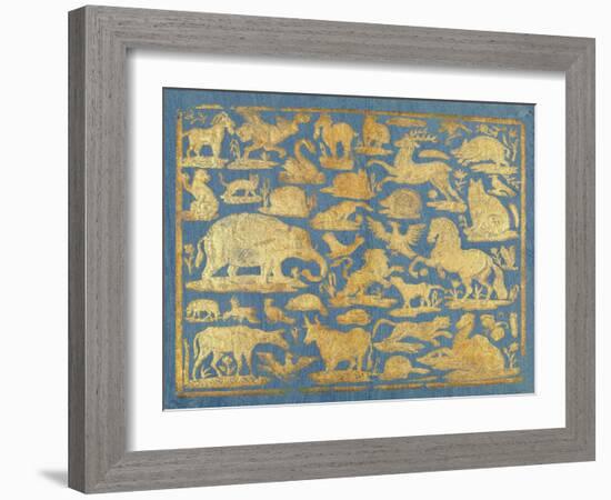 Blue Brocade Paper Decorated with Gold Animals, C. 1750-1800. Leaf Includes Domesticated and Wild M-Everett - Art-Framed Art Print