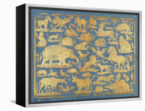 Blue Brocade Paper Decorated with Gold Animals, C. 1750-1800. Leaf Includes Domesticated and Wild M-Everett - Art-Framed Stretched Canvas
