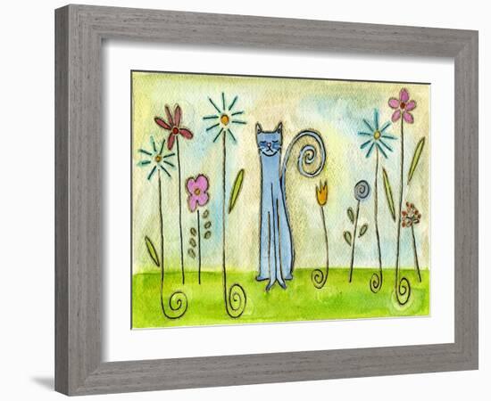 Blue Cat in the Flower Garden-Wyanne-Framed Giclee Print