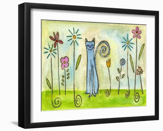 Blue Cat in the Flower Garden-Wyanne-Framed Giclee Print