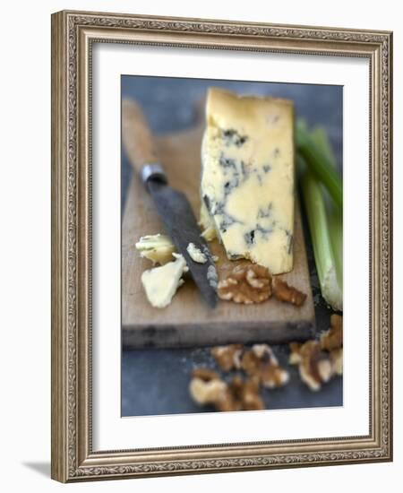 Blue Cheese and Walnuts with a Knife on a Chopping Board-Adrian Lawrence-Framed Photographic Print