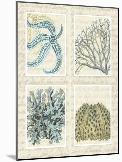 Blue Corals On Vintage Script in 4 Panels-Fab Funky-Mounted Art Print