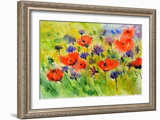 Blue Cornflowers And Red Poppies-Pol Ledent-Framed Art Print