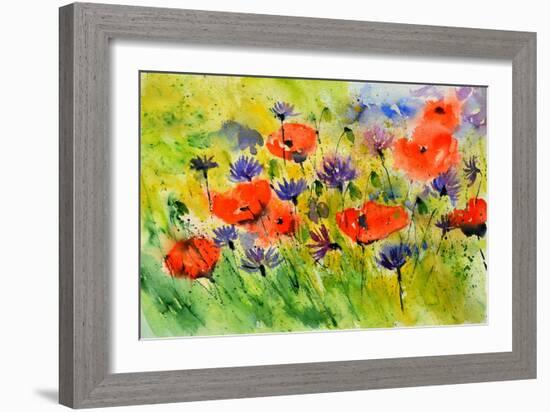 Blue Cornflowers And Red Poppies-Pol Ledent-Framed Art Print